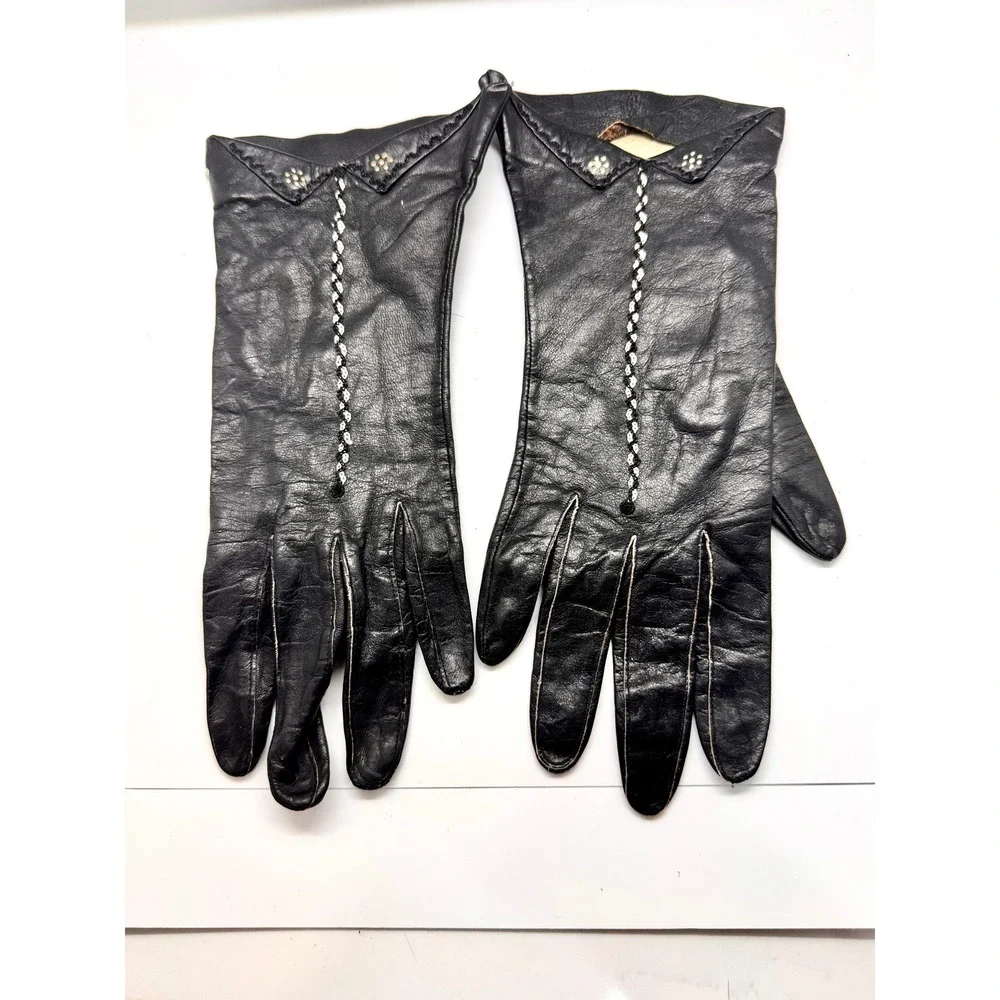 Vintage Black Leather Gloves Embellishd Floral Detail Mid Century Size 7 Fair‎